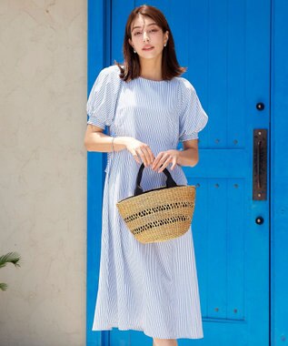 Tiaclasse 【洗える】バルーンスリーブサイドギャザーワンピース ブルーストライプ