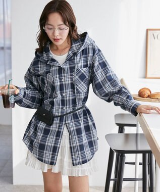 WEGO フードチェックBIGシャツ ネイビー