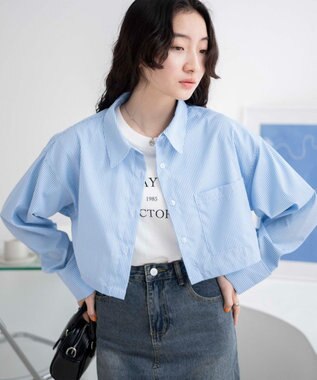 WEGO カラーショートシャツ ブルーストライプ