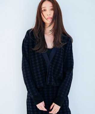 ICB L 【洗える】ハウンドトゥースパターン Vネックカーディガン ネイビー系