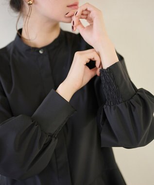 #Newans 【シワになりにくい/洗濯機可能】ダブルフリルヘムシャツ ブラック