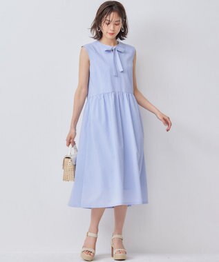 組曲 サッカーストレッチ ボウタイワンピース サックスブルー系