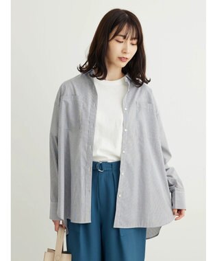 Green Parks 胸元ポケットイージーケアストライプシャツ Dark Navy