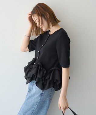YECCA VECCA パール釦ラッフル5分袖カーディガン Off White