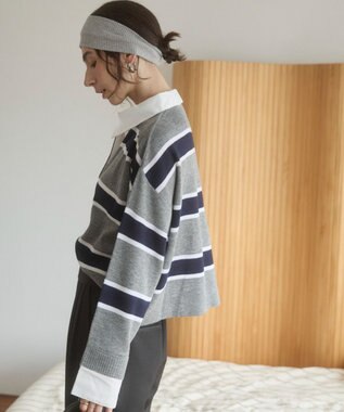 WEGO 【ANGIE VINTAGE】シャツ襟 ドッキング　フェイクレイヤード ニット トップス グレーボーダー