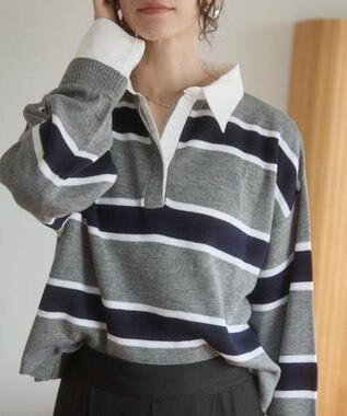 WEGO 【ANGIE VINTAGE】シャツ襟 ドッキング　フェイクレイヤード ニット トップス グレーボーダー