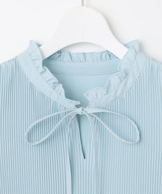 Feroux 【洗える】プリーツコンビ半袖 ブラウス スカイブルー系