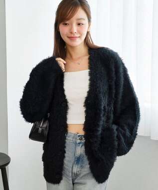 WEGO 【2025秋冬新作/ユニセックス着用ITEM/SMLサイズ展開】フェザーニットカーディガン ブラック