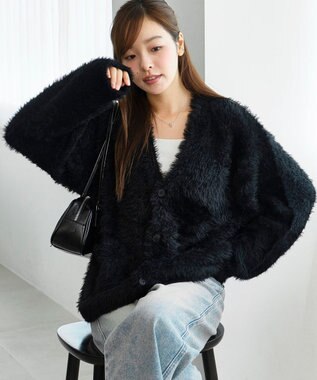 WEGO 【2025秋冬新作/ユニセックス着用ITEM/SMLサイズ展開】フェザーニットカーディガン ブラック