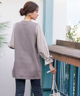 Tiaclasse L 【洗える】ボリュームリボン袖ニットコンビチュニック グレージュ
