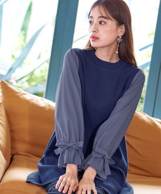Tiaclasse L 【洗える】ボリュームリボン袖ニットコンビチュニック ブルー