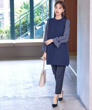 Tiaclasse L 【洗える】ボリュームリボン袖ニットコンビチュニック ブルー