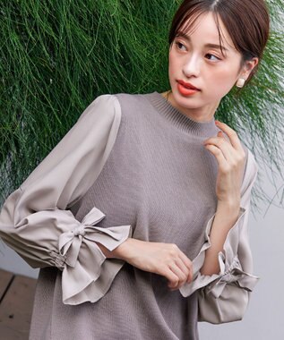 Tiaclasse L 【洗える】ボリュームリボン袖ニットコンビチュニック グレージュ