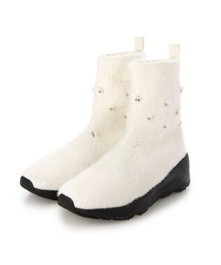 MODE ET JACOMO <carino>ビジュー付きニットブーツ ホワイト