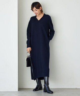 ICB L ミルドウール ニットワンピース ネイビー系
