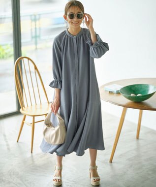 組曲 【WEB限定】クレープストレッチ シャツワンピース ダスティブルー系