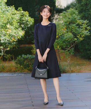 Tiaclasse L 【3WAY】リボンブローチ＆ベルト付きフレアワンピース ネイビー