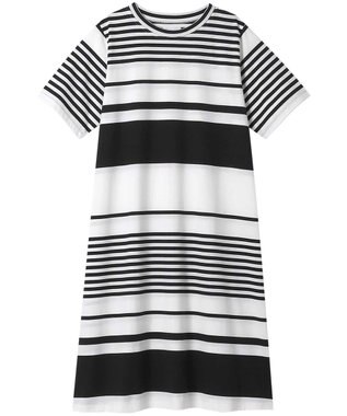  綿100％ ハイゲージ天竺パネルボーダー 半袖ワンピース