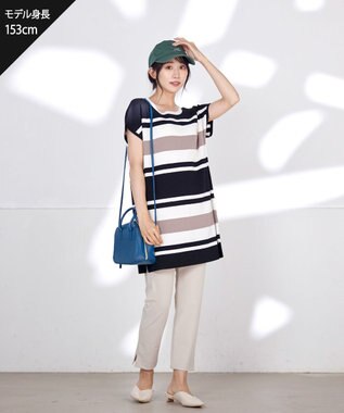 Tiaclasse L 【洗える】マルチボーダーフレンチニットチュニック ブラック×オフ×モカ