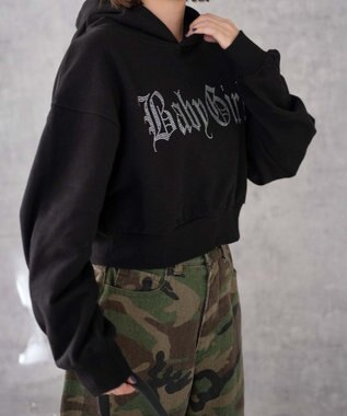 WEGO ラインストーンショートプルパーカー ブラック