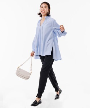 UNFILO ギャザーオーバーブラウス ブルーストライプ