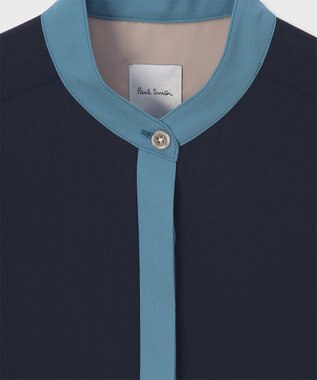 Paul Smith バックサテン ジョーゼット スタンドカラー ブラウス ネイビー