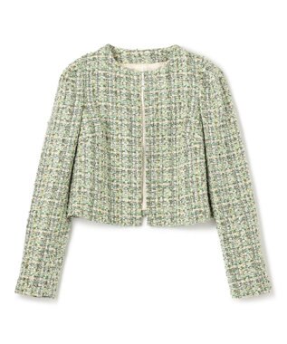 BEIGE， TEASEL / ノーカラーツイードショートジャケット GREEN MIX