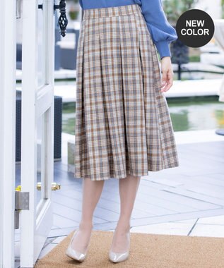 Tiaclasse L 【洗える】大人上品なウール調タックフレアスカート ベージュチェック