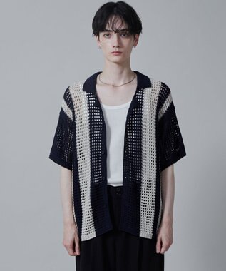 WEGO マルチストライプニットシャツ（S） ネイビー