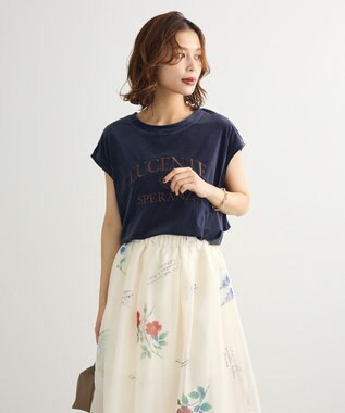 Green Parks ベロアロゴフレンチスリーブチュニック Navy