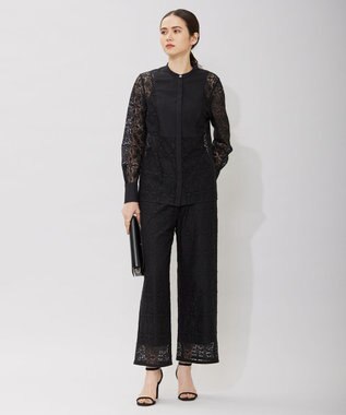 ICB 【洗える】タイルパターンレース バンドカラーシャツ ブラック系