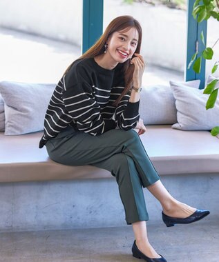 Tiaclasse 【洗える】ボーダー柄スポンジニットトップス ブラック