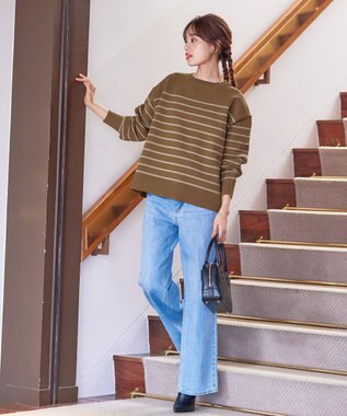 Tiaclasse 【洗える】ボーダー柄スポンジニットトップス ブラウン