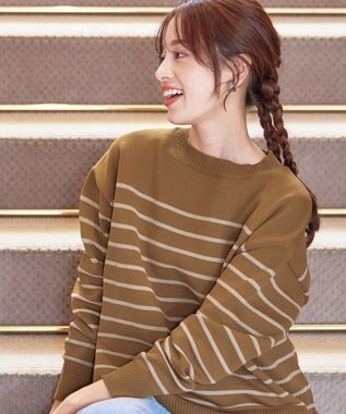 Tiaclasse 【洗える】ボーダー柄スポンジニットトップス ブラウン