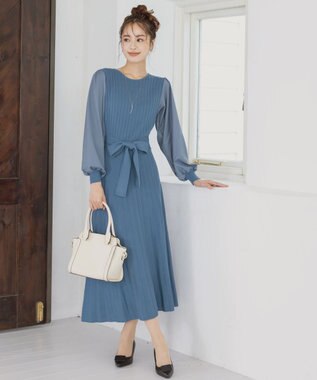 Tiaclasse 【洗える】パフ袖ニットコンビワンピース ブルー