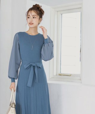 Tiaclasse 【洗える】パフ袖ニットコンビワンピース ブルー