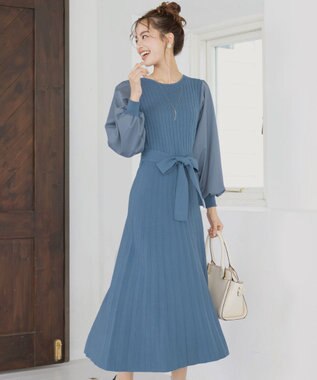 Tiaclasse 【洗える】パフ袖ニットコンビワンピース ブルー