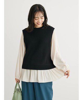 Green Parks とろみ布帛ドッキングニットチュニック Black