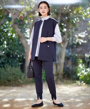 UNFILO イージーケア ギャザーブラウス ブルーストライプ