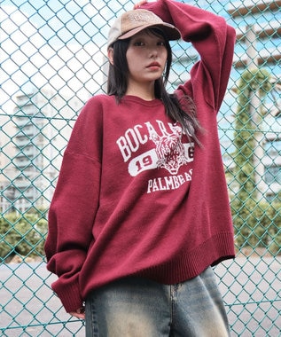 WEGO 【ユニセックス着用ITEM/SMLサイズ展開】ジャガードグラフィックプルオーバー ワイン