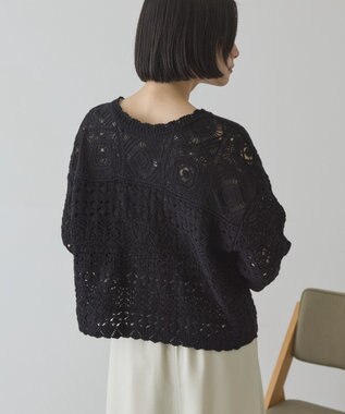 AMERICAN HOLIC 【前後2WAY】レース透かし編みニットカーディガン Black