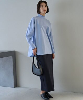 UNFILO フリルネックシャツ ブルーストライプ