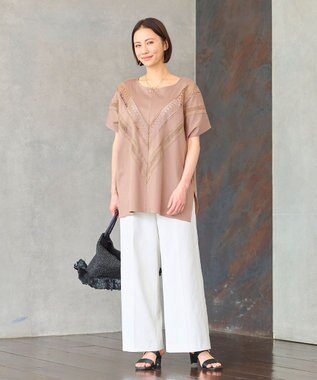 自由区 【洗える・XSサイズあり】レースEDGEフロントレース カットソー キャメル系