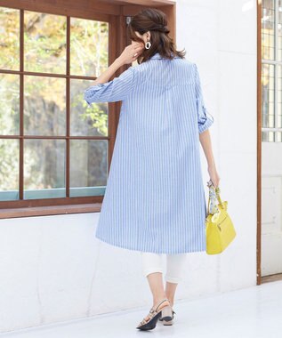 Tiaclasse 【洗える】 麻調Aラインシャツワンピース サックスストライプ