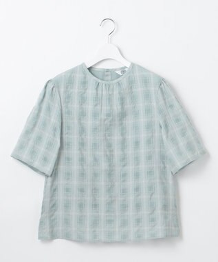 J.PRESS LADIES S 【洗える】SHEER チェック フレアスリーブ ブラウス アクアグリーン系