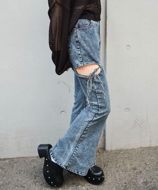 WEGO カットアウトリボンストレッチデニムフレアパンツ デニム中濃加工色