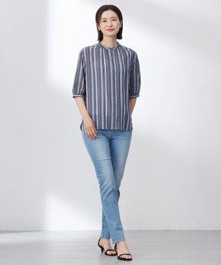 J.PRESS LADIES L 【洗える】ランダムストライプ ブラウス ネイビーストライプ系