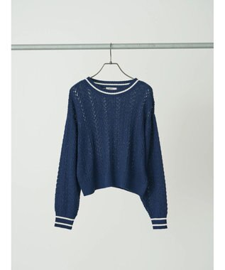 earth music&ecology ライン入り透かし編みニットプルオーバー Navy