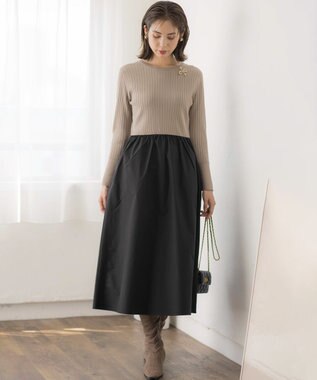 組曲 【WEB限定】リブニットコンビワンピース モカブラウン×ブラック系