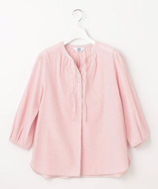 J.PRESS LADIES 【洗える】コットンアセVis ストライプ ギャザー ブラウス オレンジ系1